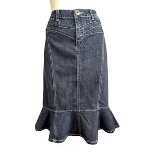 Vintage 1980 MOTTO black denim midi skirt trumpet flounce fit-n-flare women’s 12